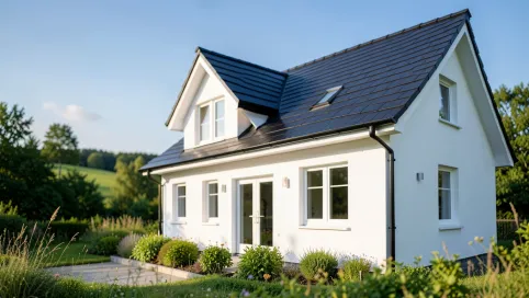 Dom z białymi oknami i czarnym dachem