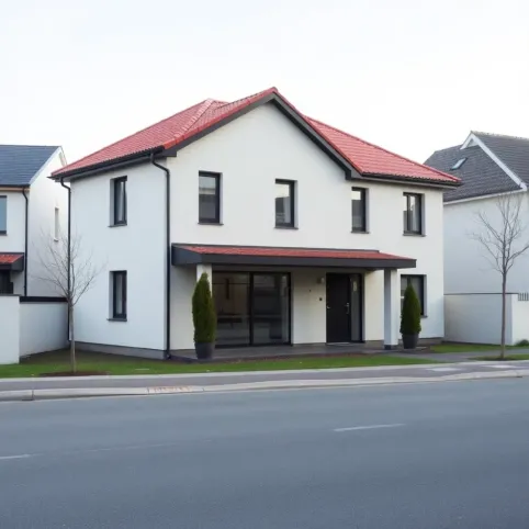 Szary dom z brązowym dachem